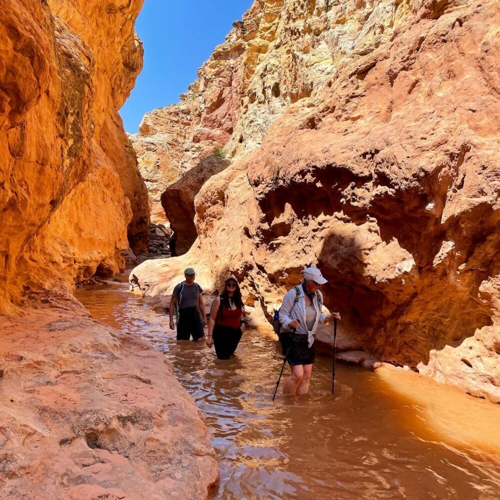 Older man and woman and younger woman hiking in water, inside of a slot canyon