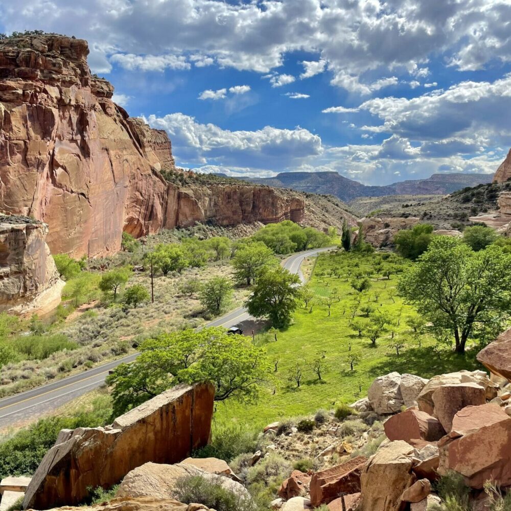 view of the orchards above capitol reef national park, scenic highway 24 is in the distance
